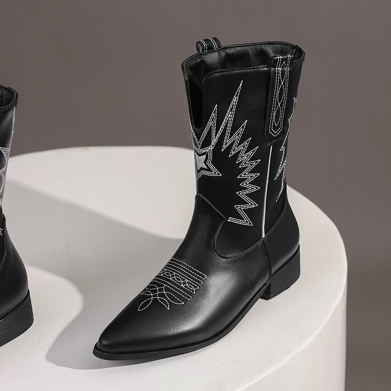 Embroidered Five-Star Women's Short Barrel Western Boots Artificially Embroidered Pointed Toe Plush Lining Slip-On Ankle Boots