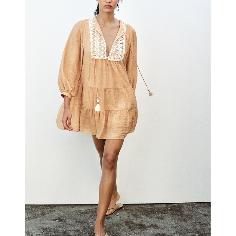 Spring and Summer New Women's Clothing Su Sui Series Accessories Contrast Color Embroider Comfortable Long Sleeve V-neck Short Dress 3897093