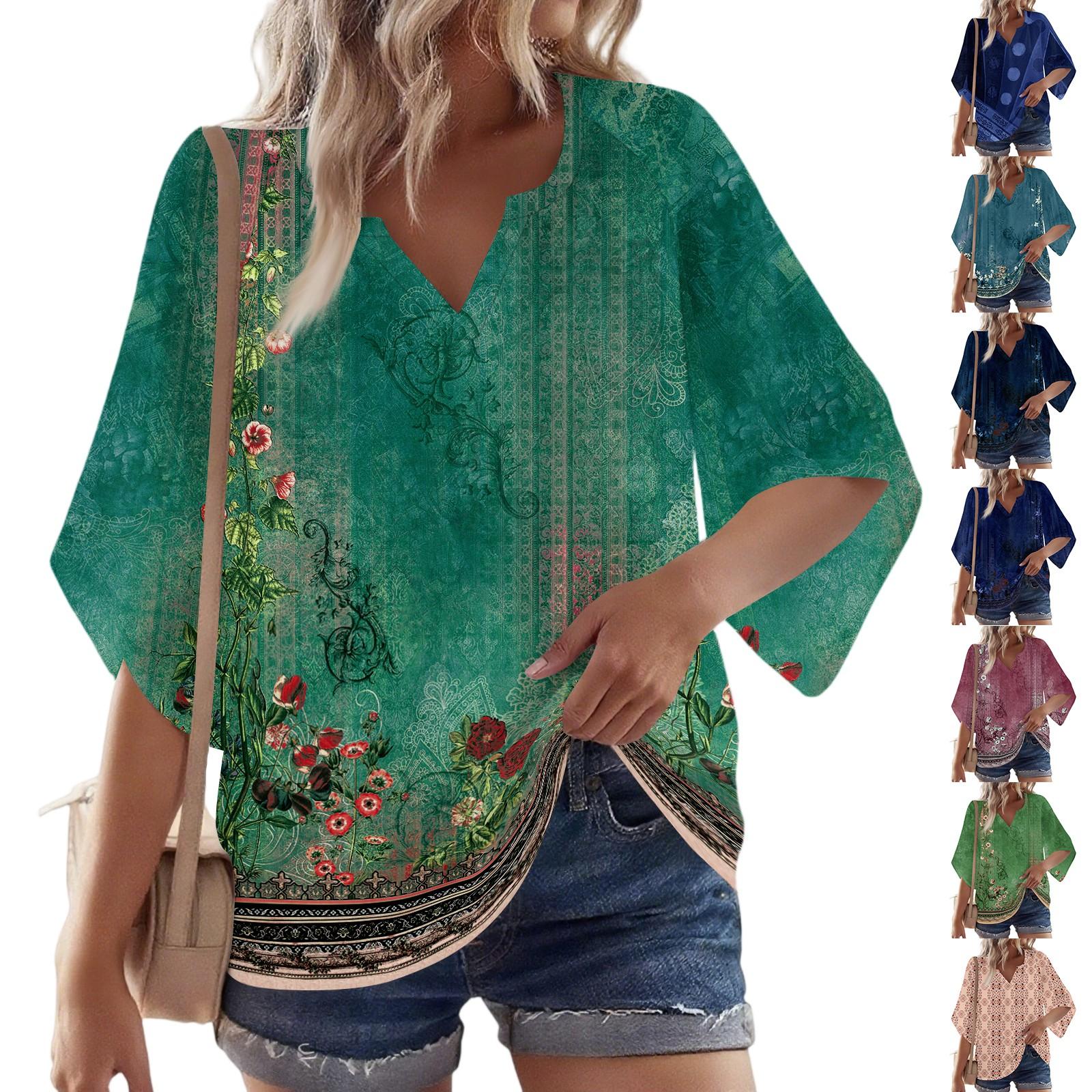 

Women s 3/4 Sleeve V Floral Shirt Casual Loose Tunic Top M