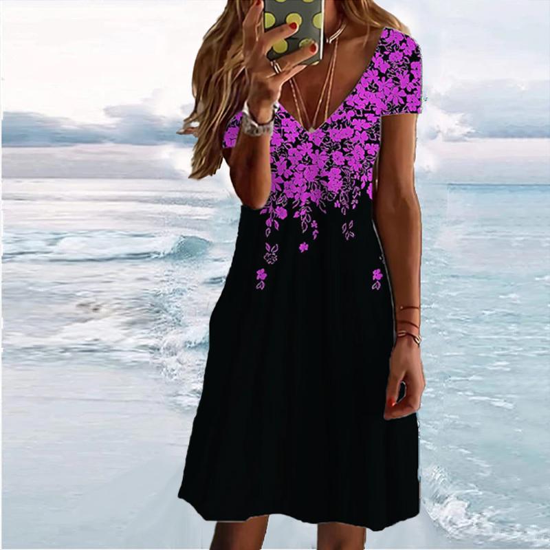 Sommermode Damen V-Ausschnitt Kurzarm Schöne Blumen bedrucktes Kleid Sex Kurzer Rock Kleider