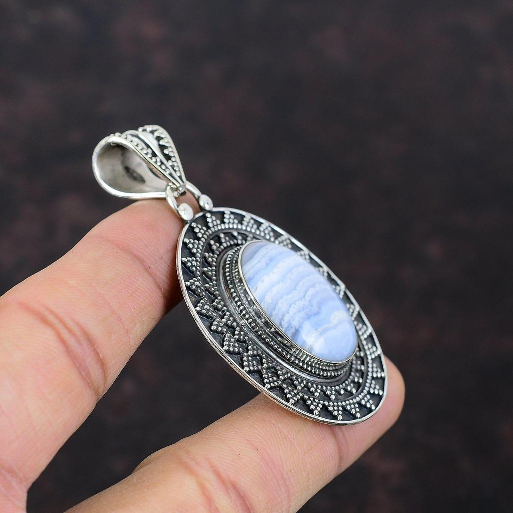 Blue Lace Agate Pendant Natural Gemstone Pendant Decent Jewelry 925 Sterling Silver Pendant Vintage Pendant Handmade Jewelry Gift For Mother