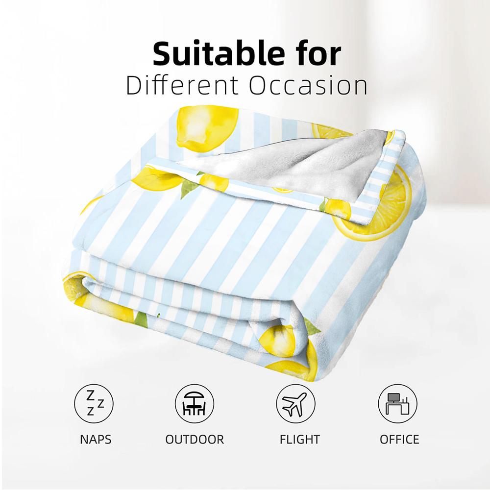 Blue Stripe Watercolor Lemon Anime Cartoon Flannel Blanket Soft Warm Throw for Bedroom Sofa Car Kids Holiday Gift