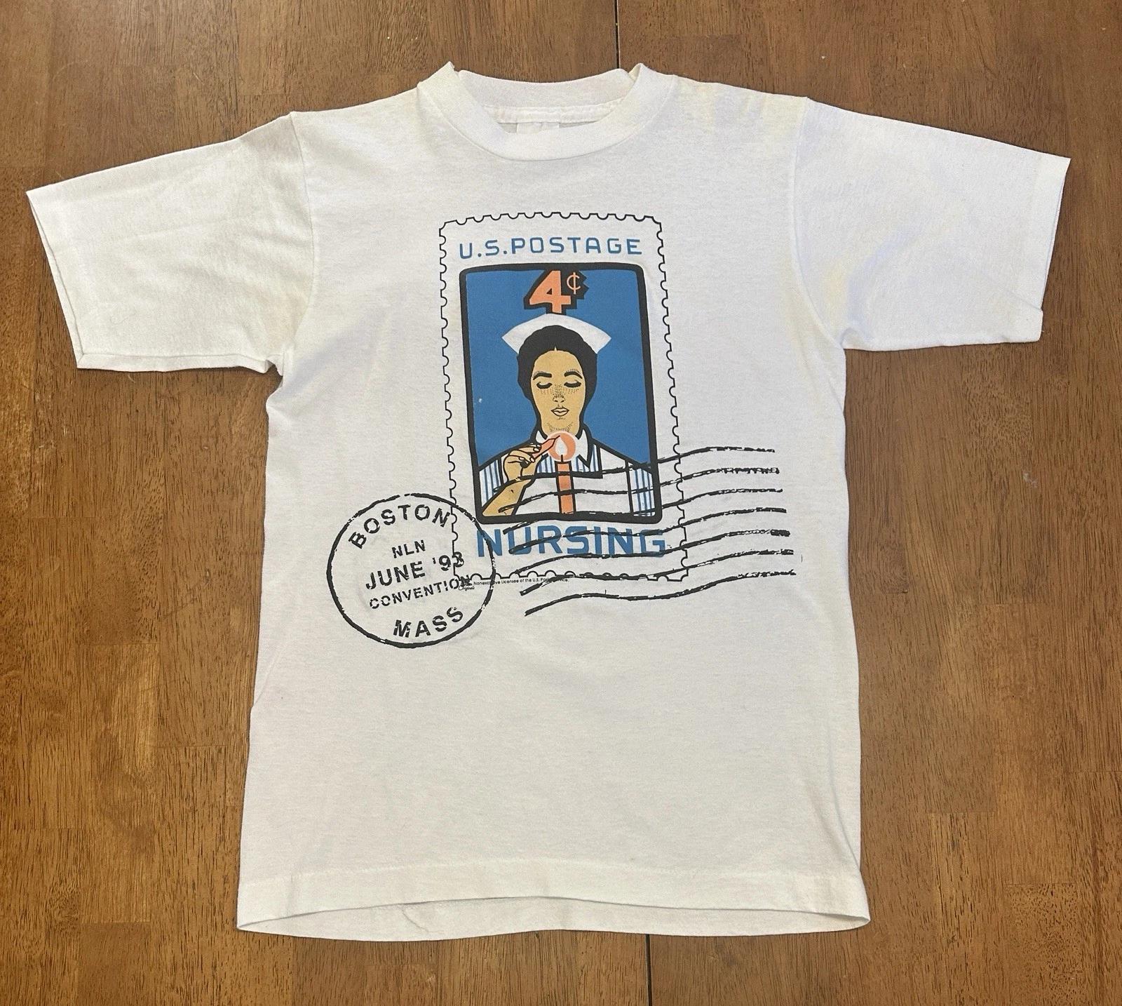 Vintage 90s US Postage Stamp Nursing T Shirt Medium Single Stitch Boston NLN L