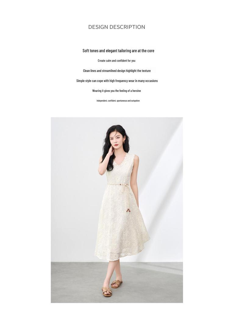 Nanyou Elegant Handmade Shell V-neck Embroidered Sleeveless Dress - Summer Vacation Style