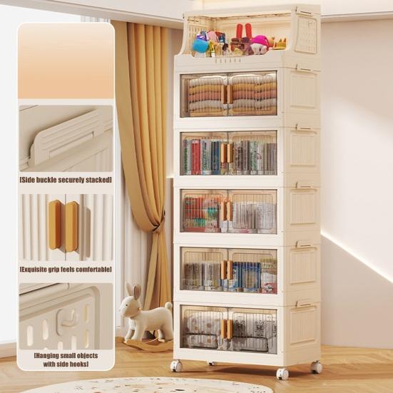 Stackable Collapsible Storage Bins Storage Boxes with Door And Wheels Multi-tier Rolling Organizer with Shelf for Kids Toys Snacks Blanket Pillow