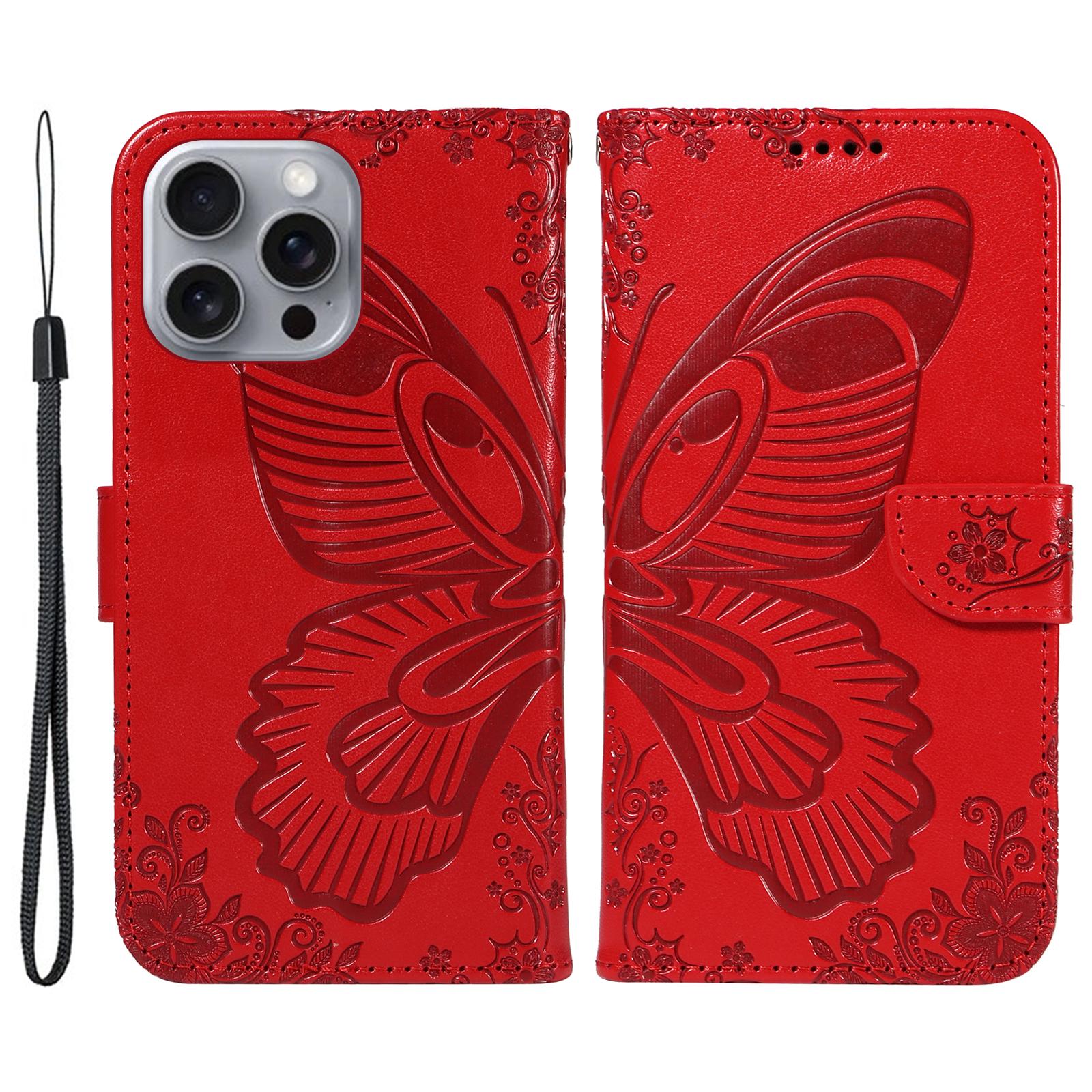 

Для iPhone 16 Pro Max чехол Butterfly Imprint Anti Shock Leather Phone Cover Red