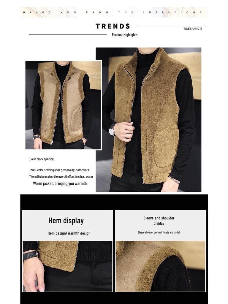 Woodpecker Men's Reversible Fleece and Leather Vest - Autumn/Winter Lambswool Sleeveless Jacket
