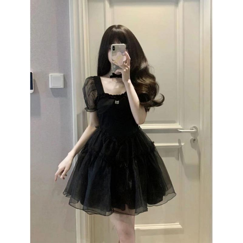 

Первая любовь маленькое черное платье, покрытое древним черным платьем в стиле чистого желания, женское летнее, дизайнерское, нишевое, с рукавами-пузырями, стройнит S