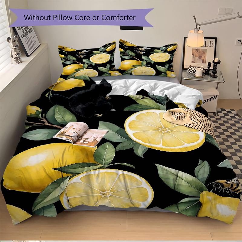 3pcs Yellow Lemons and Bees Bedding Set, Including 1 Quilt Cover and 2 Pillow Shams, Without Filling, Soft and Comfortable Home Bedroom Fabr