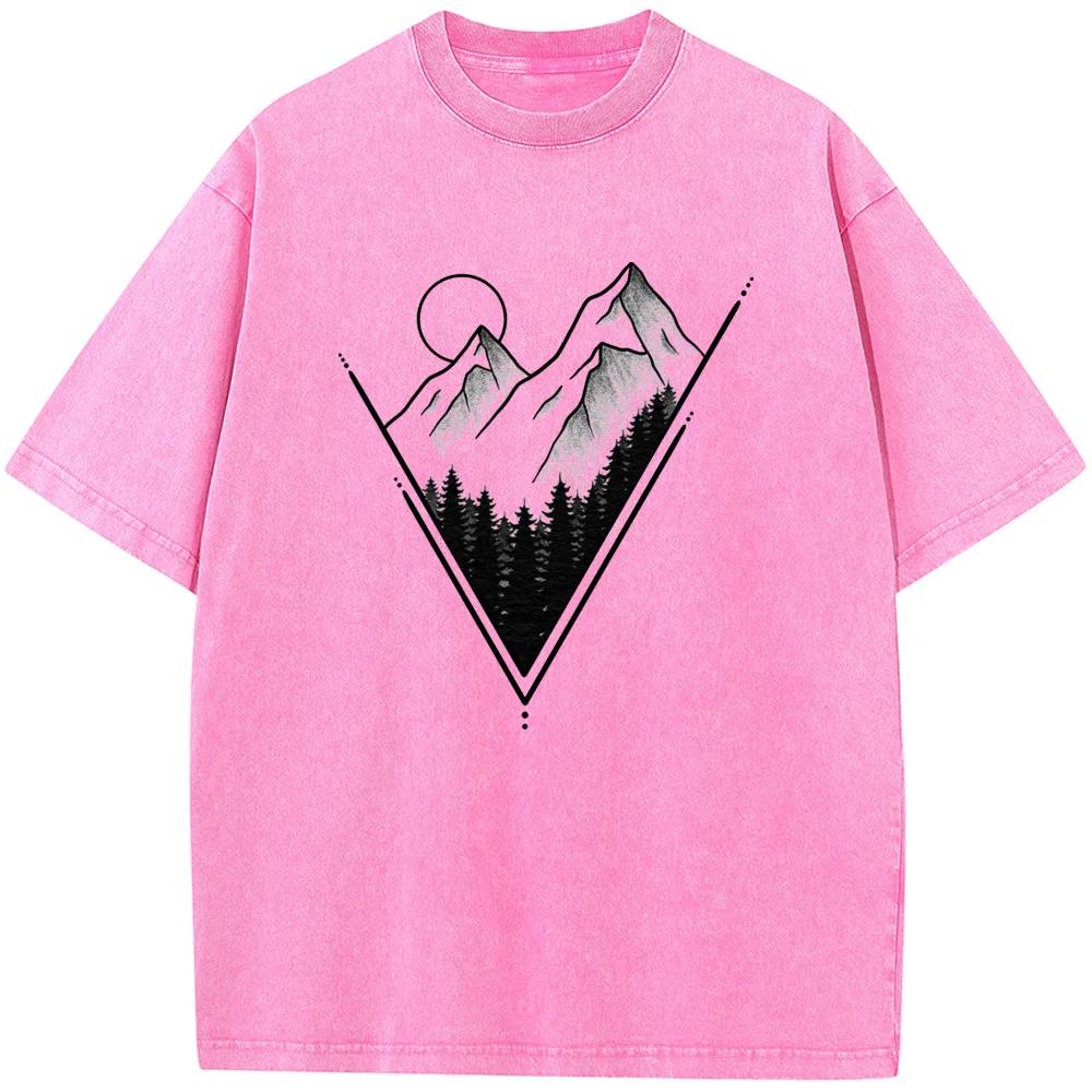 Geometrischer Berg Sonnenuntergang Aufdruck Kurzarm Herren- und Damen-Freizeit-T-Shirt Gewaschenes Distressed T-Shirt im alten Stil
