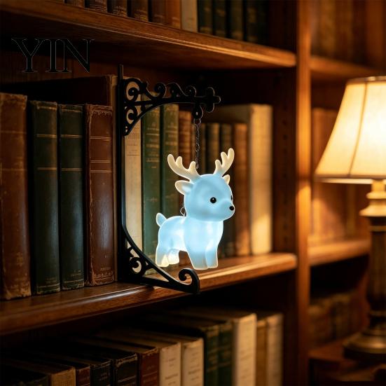 Relaxed Reading Light for Den Hanging Magic Owl Bird Deer Bookend Lamp, Gothic Metal Bookshelf Light, Portable Cordless Ghost Vintage Library