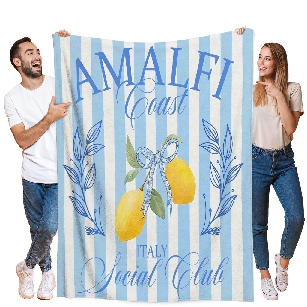 Amalfi Coast Lemon Throw Blanket Cute Blue Striped Cozy Bed Blankets Luxury Decor For Sofa Couch Bed Living Room Italy Style