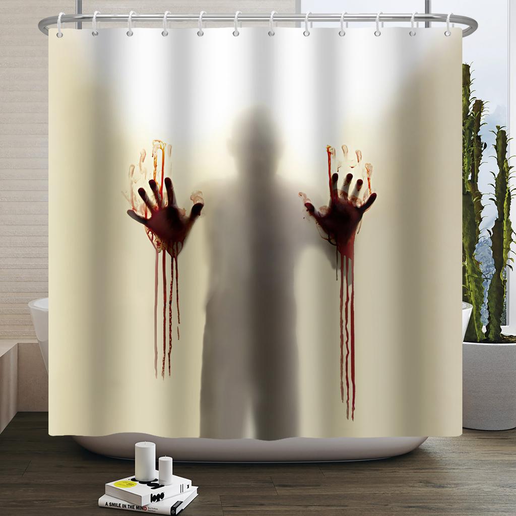 Halloween Duschvorhang Horrornacht Blutige Hände Gruseliger Zombie-Schädel Furchteinflößend Halloween Wasserdicht Bad Badezimmer Duschvorhang