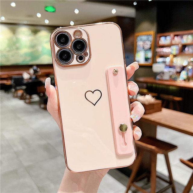 Wrist Strap Love Heart Phone Case For Iphone 13 11 12 14 Pro Max 13pro 11 14max Shockproof Bumper Soft Electroplated Back Cover