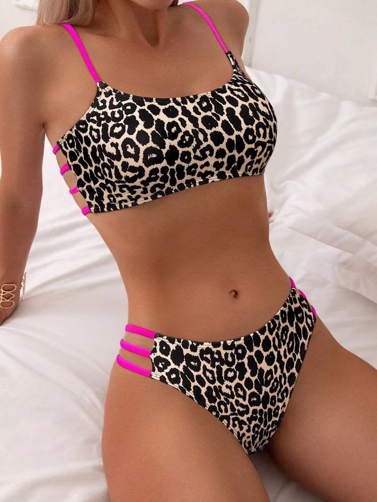 New Women's Triangular Halter Bikini Swimsuit Gathers Sexy Swimsuit Leopard Print Cover