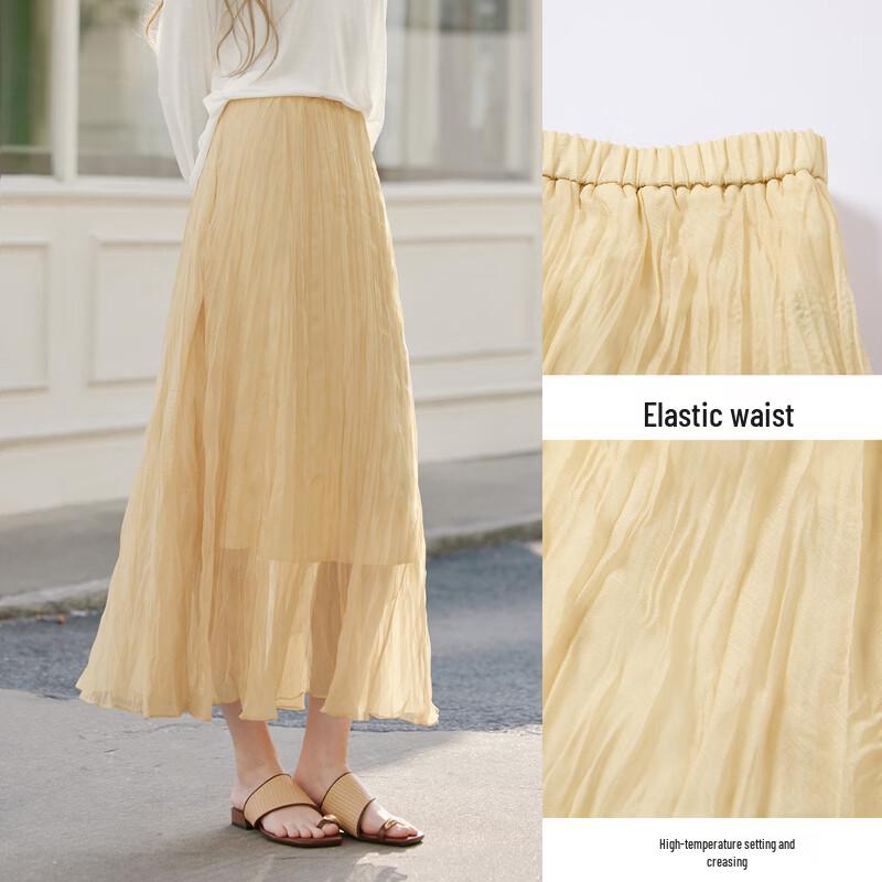 Xiangying Women's Yellow Irregular Pleated Mid-Length Skirt