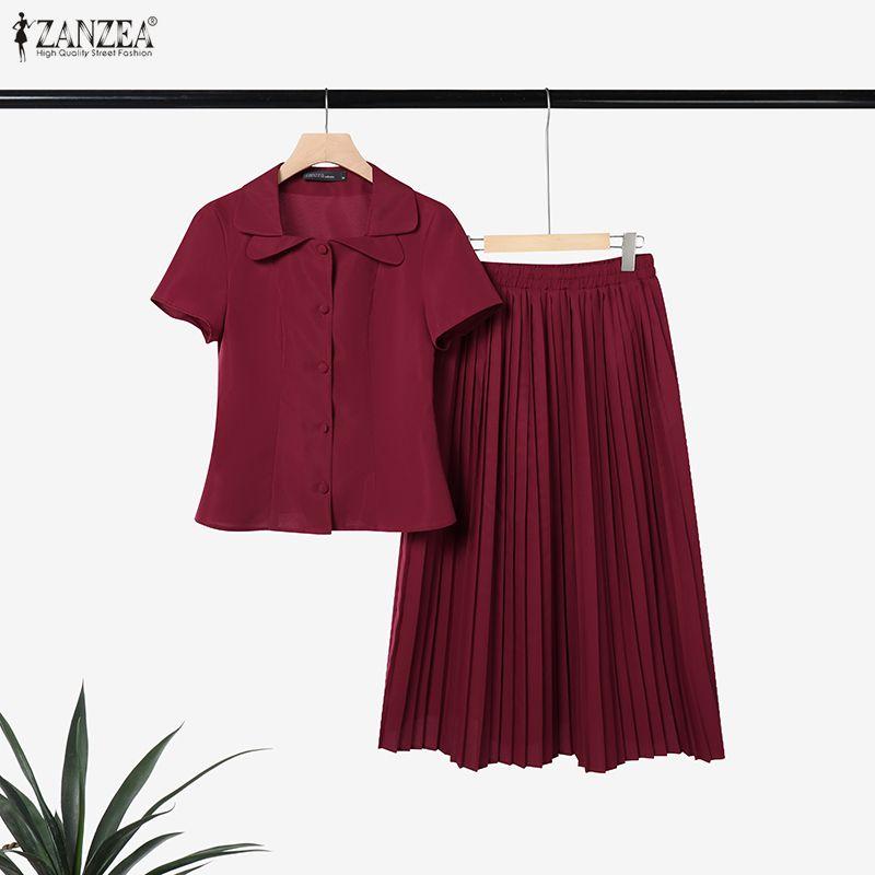 ZANZEA Damskie bluzki z krótkim rękawem i spódnice Letnie dwuczęściowe zestawy garniturowe