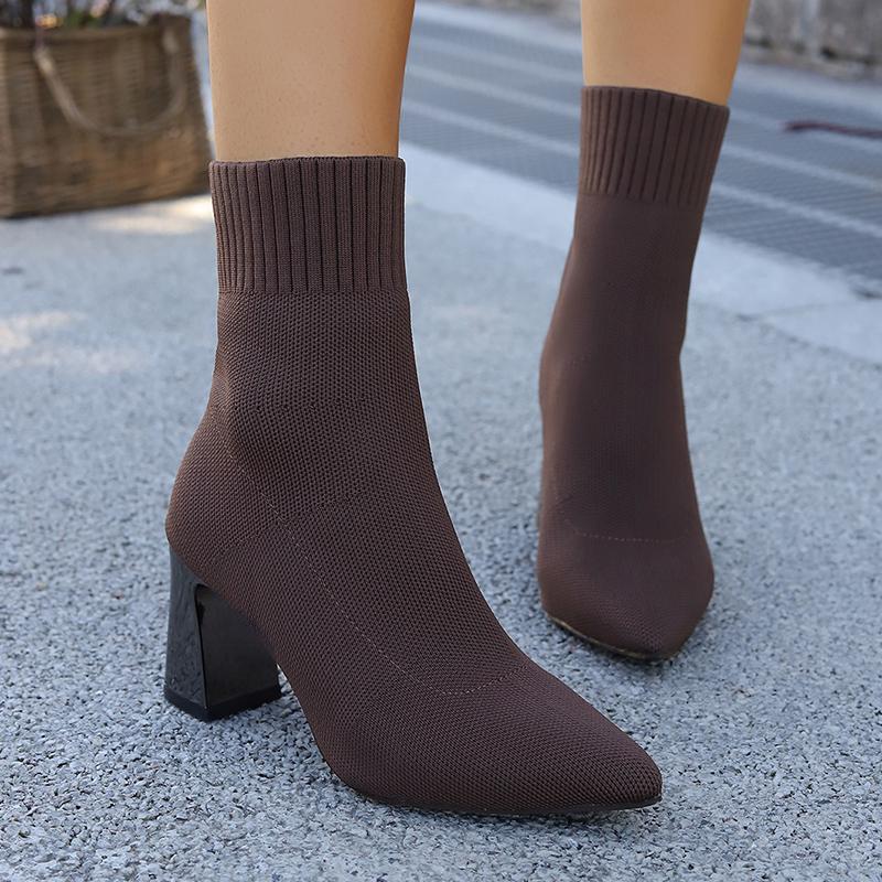 

Fashion Autumn Winter Knitted High Heel Boots Women 2025 Sexy Pointed Toe Ankle Boots Woman Plus Size 36-43 Thick Heels Booties Mujer 43 темно-коричневого