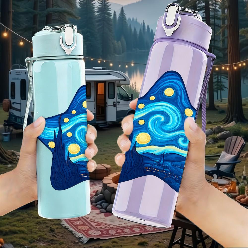 1PC Starry Blue Star Pattern 750ml Color Plastic Sports Water Bottle Leakproof Flip Straw Lid Suitable for Sports Office Home Use