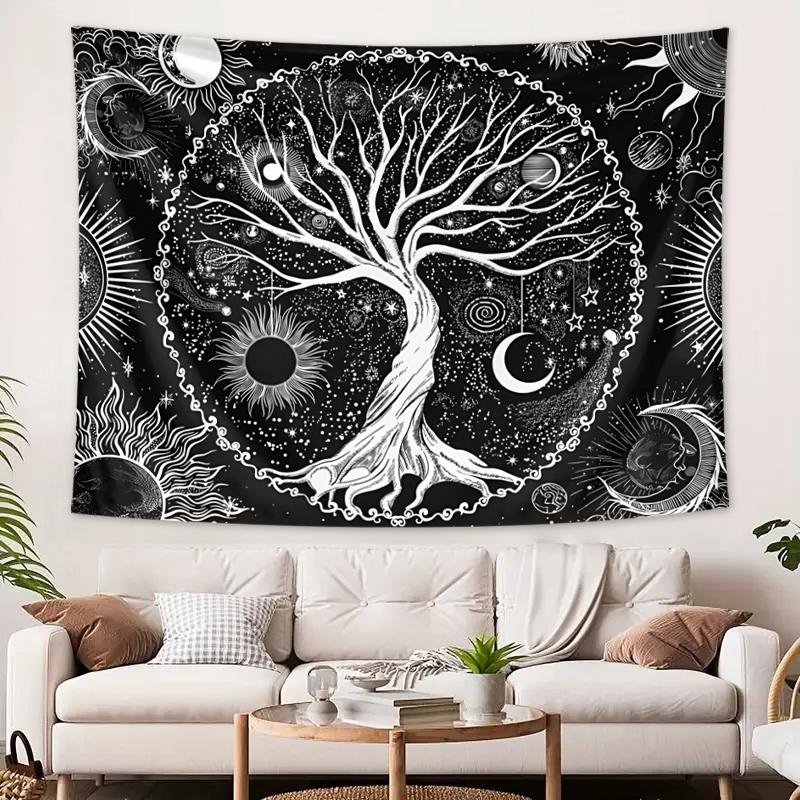 1pc Tree of Life tapestry wall hanging, sun, moon, stars black and white tapestry, Milky Way wall tapestry