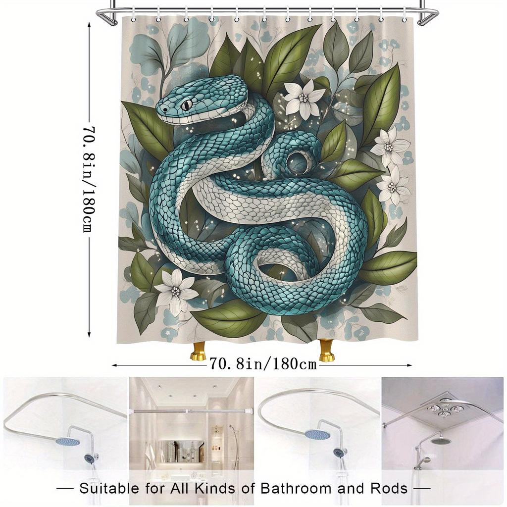 Turquoise Snake Shower Curtain - Realistic Design, Green Leaves & White Flowers, Exotic Bathroom Decor, Polyester