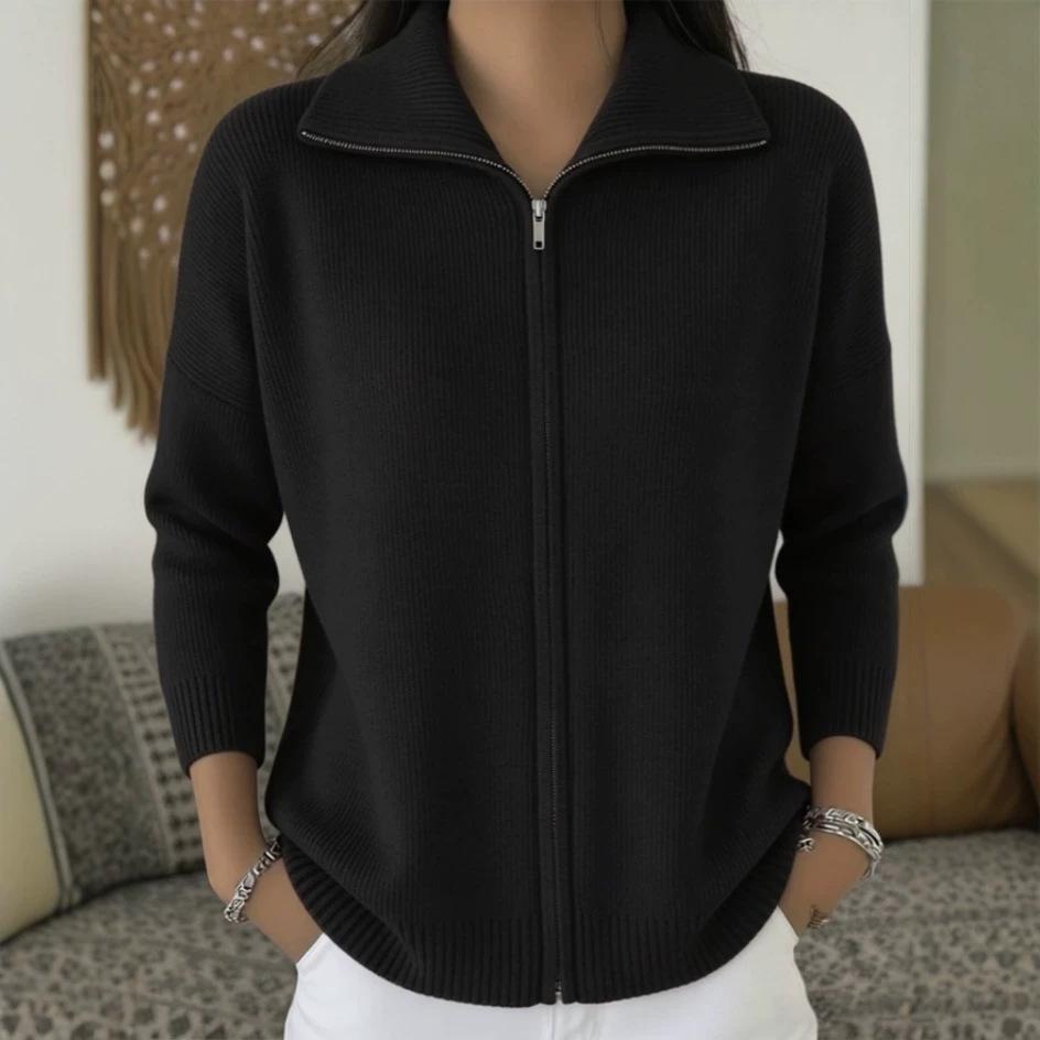 2026 European & American Zipper Knit Cardigan: Women's Autumn/Winter Casual Solid Color Fashion Sweater Outerwear