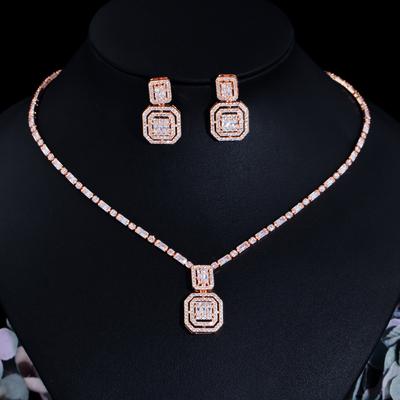 Retro Temperament Quadrat Zirkon Ohrstecker Halskette Set Kette, Leichter Luxus Design Brautkleid Set