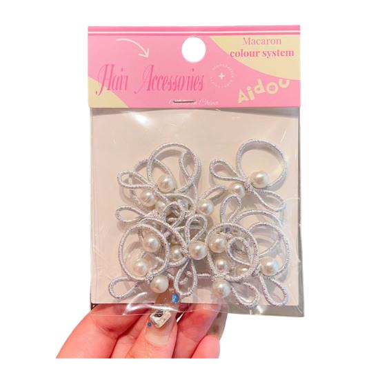 

10Pcs Hair Ropes High Elasticity Imitation Pearl Decor Bow Shape Hair Ties Mini Thumb Loop Design Soft Cloth Hair Accessories A