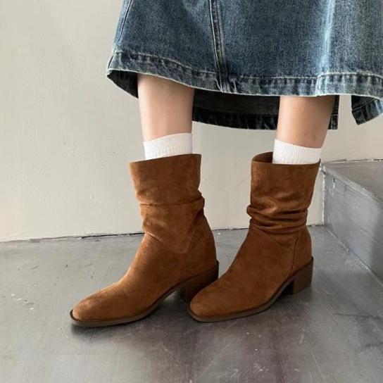 Fashion Temperament Retro Suede Square Head Thick Heel Piled Boots Women's 2025 Autumn and Winter New Height-increasing and Thin Versatile Short Boots