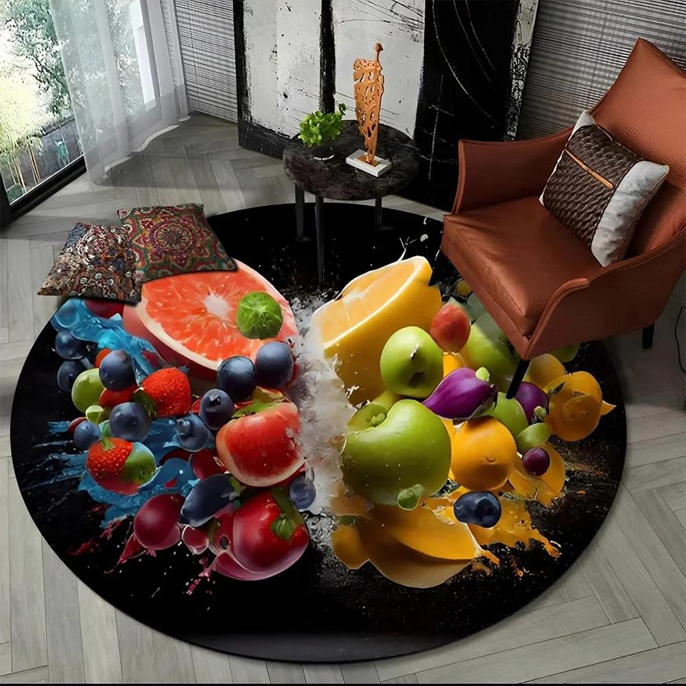 3D Niedlicher Tropenfrucht-Druck Runder Teppich Cartoon Früchte Teppich für Wohnzimmer Schlafzimmer Spielzimmer Badezimmer Dekor Rutschfeste Bodenmatte