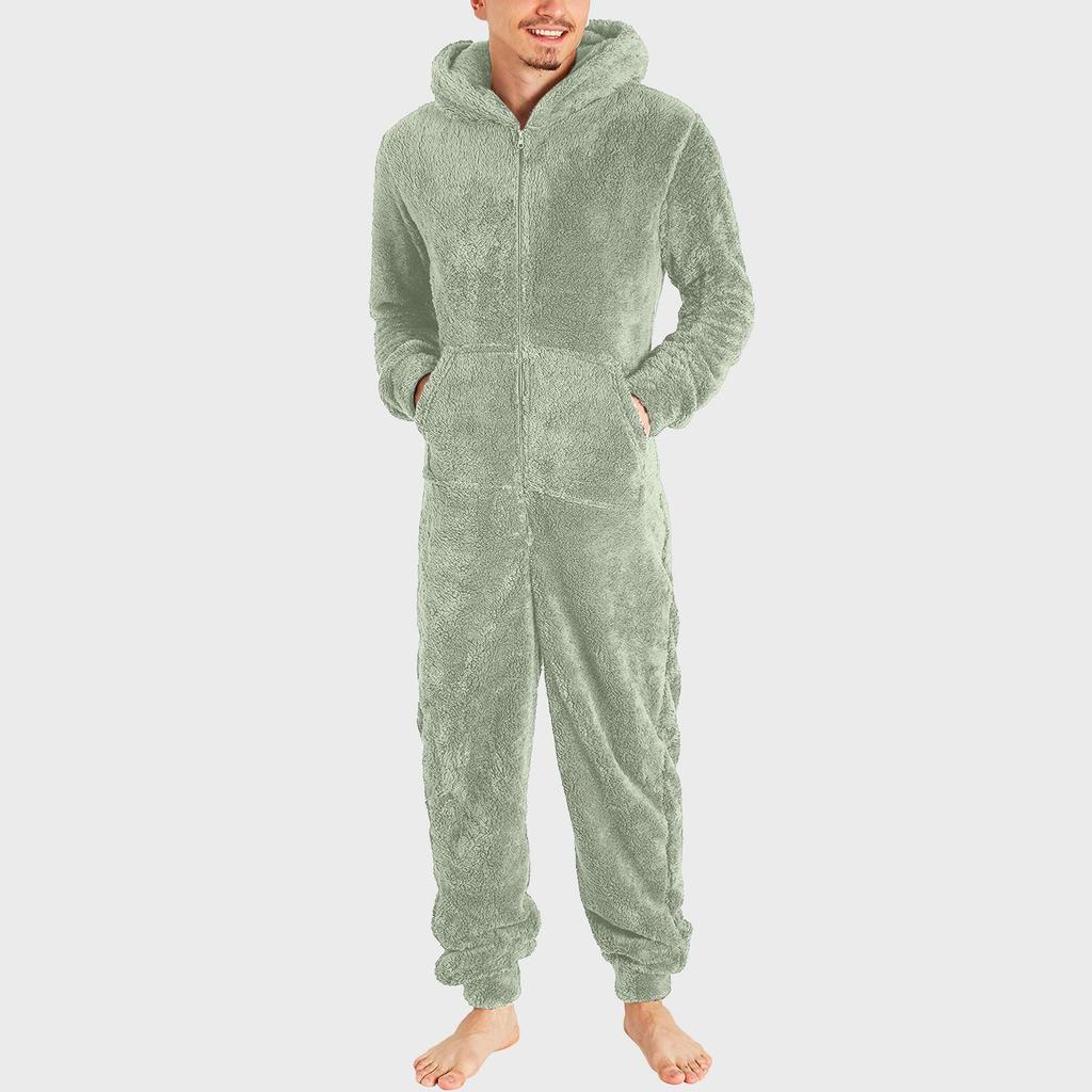 Men's Zipper Warm Plush Jumpsuit Warm Pajamas