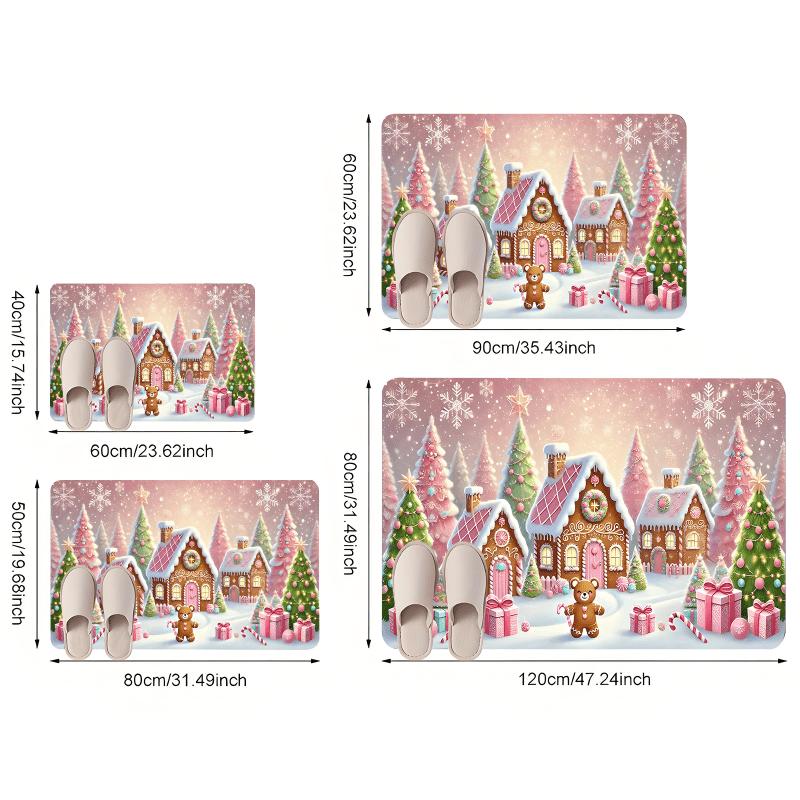 Rosa Lebkuchenhaus Fußmatte Plüsch Weicher Teppich, Zuckerstange Schneeflocke Design Maschinenwaschbar Türteppich für Winterdekoration