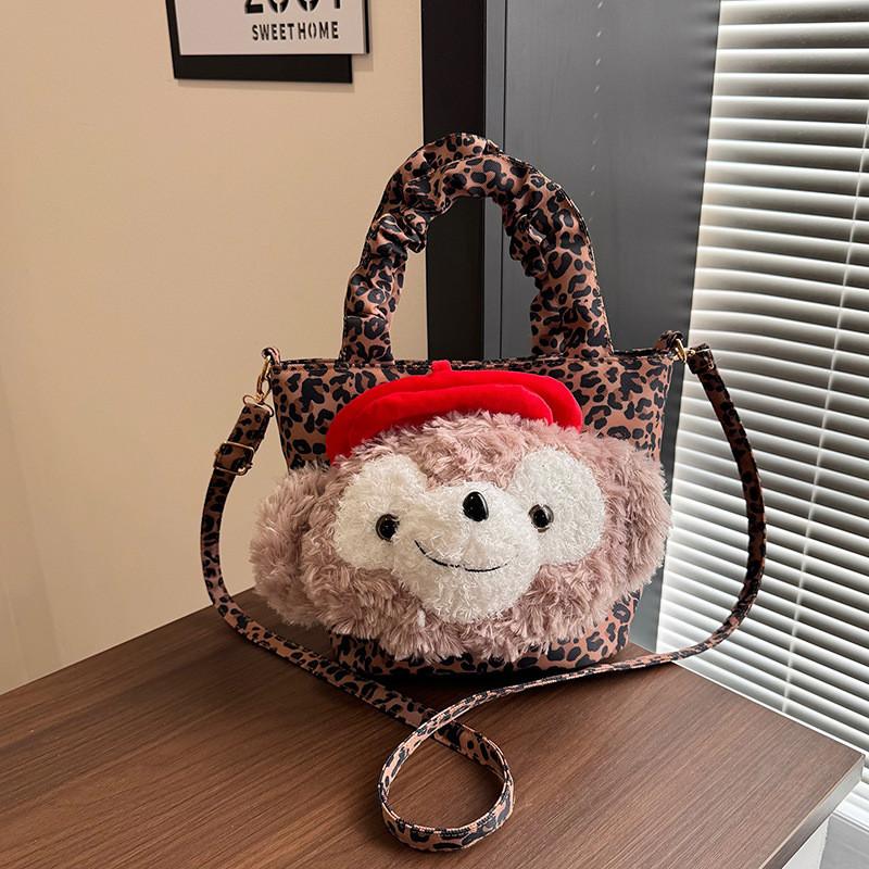 Duffy Cat Pattern Nylon Crossbody Bag With Plush Details For Casual Wear