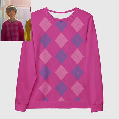 KPop Demon Hunters Baby Saja's Argyle Crewneck Sweatshirt Winter Fleece Casual Crewneck Pullovers Plaid Printed Rose Red Clothes