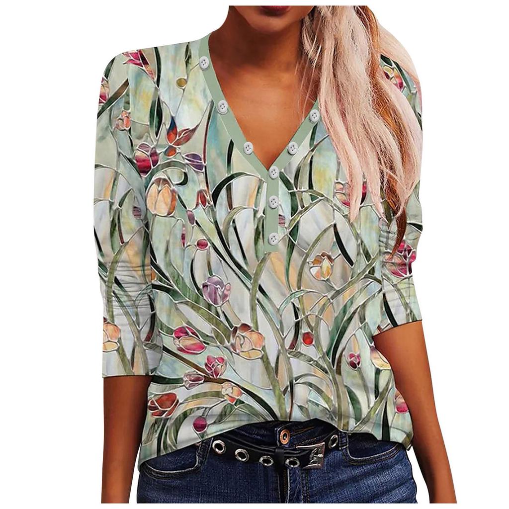 Women's New Button Neck Fashion Print Long Sleeve T-Shirt Slim Top Casual Tops