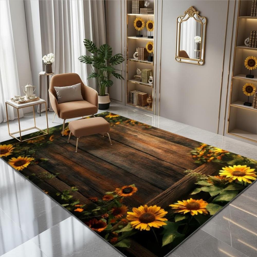 Washable Sunflower Wood Grain Patterned Rugs for Living Rooms, Bathroom Mats, Room Decorations, Large Soft Carpets for Bedrooms