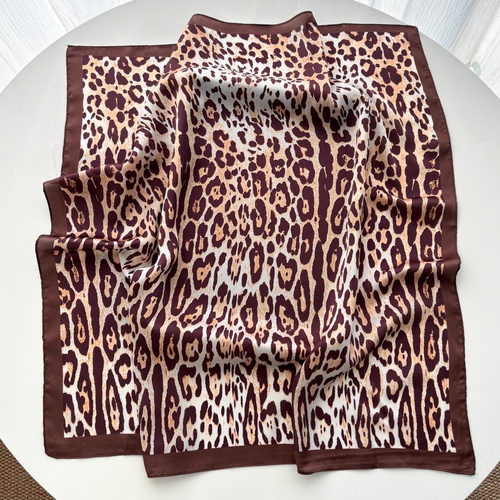 Fashion Leopard Printed Square Scarf Women Imitation Silk Scarves Bandanas Luxury Hijab Neckerchief Elegant Travel Shawl Wraps