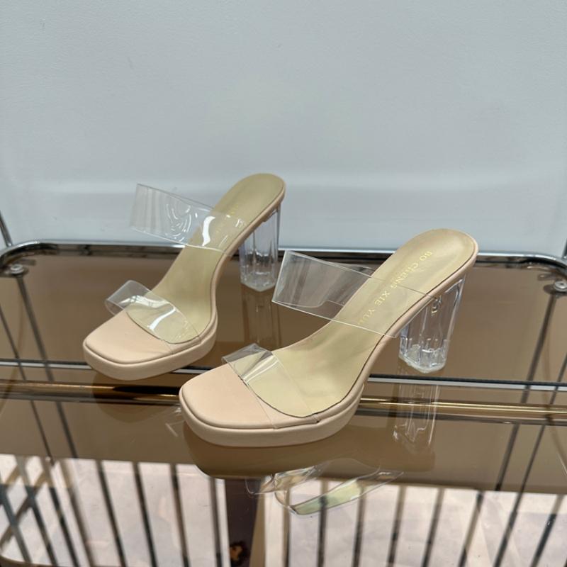 Fashion Shoes Woman 2025 Slippers Summer Luxury Slides Square heel Heeled Mules Jelly Flip Flops Platform Designer Block High Transparen