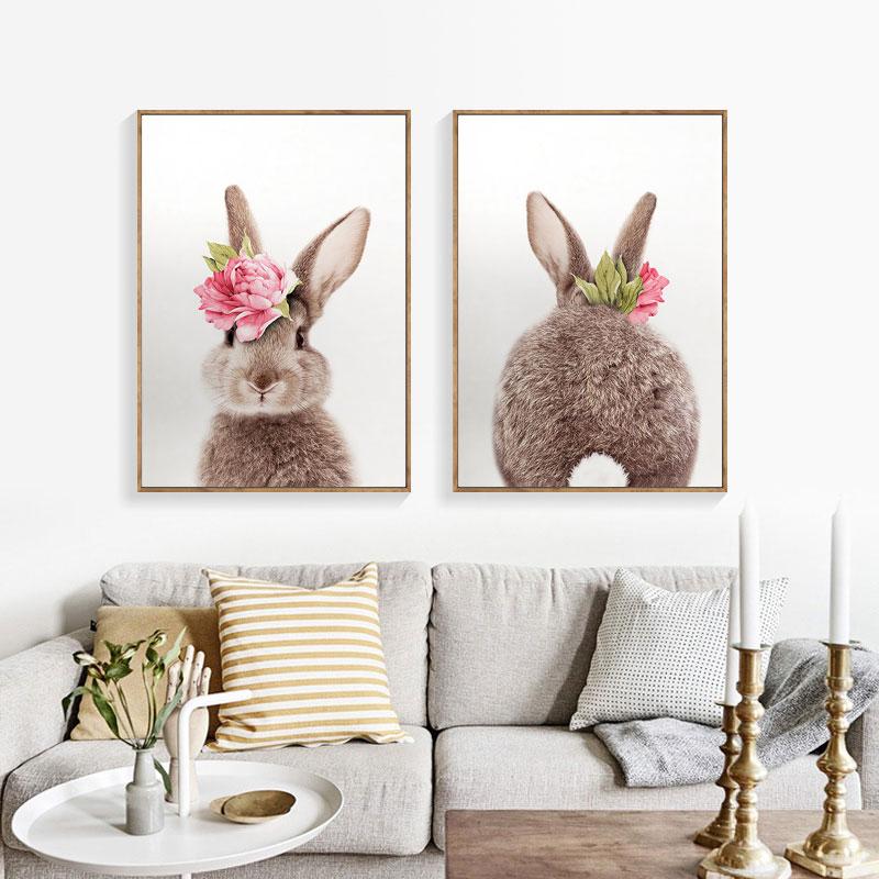 Flower Bunny Poster Rabbit Nursery Wall Art Canvas Painting  Animals Print Posters Nordic Wall Pictures for Baby Room Decor