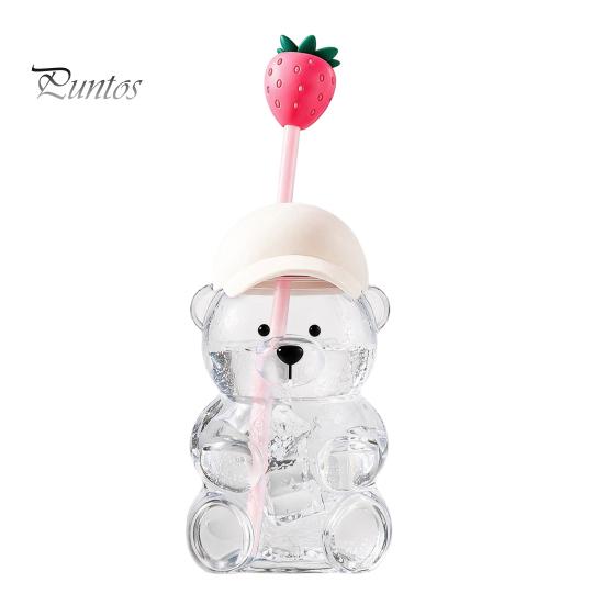 Set di Testa di Paglia Cartoon Orsetto Carino Tazza di Vetro con Coperchio, Bottiglia d'Acqua in Plastica/Vetro da 500/591ml per Grandi Capacità Bevande Fredde/Calde, Motivo Caffè