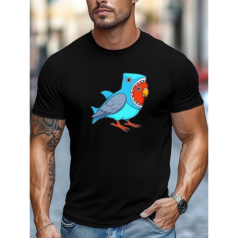 Plus-Size Men'S T-Shirt, Casual, Comfortable And Versatile, Featuring a Cartoon Image of a Shark-Headed Parrot for Summer Wear with a Short Round Neck