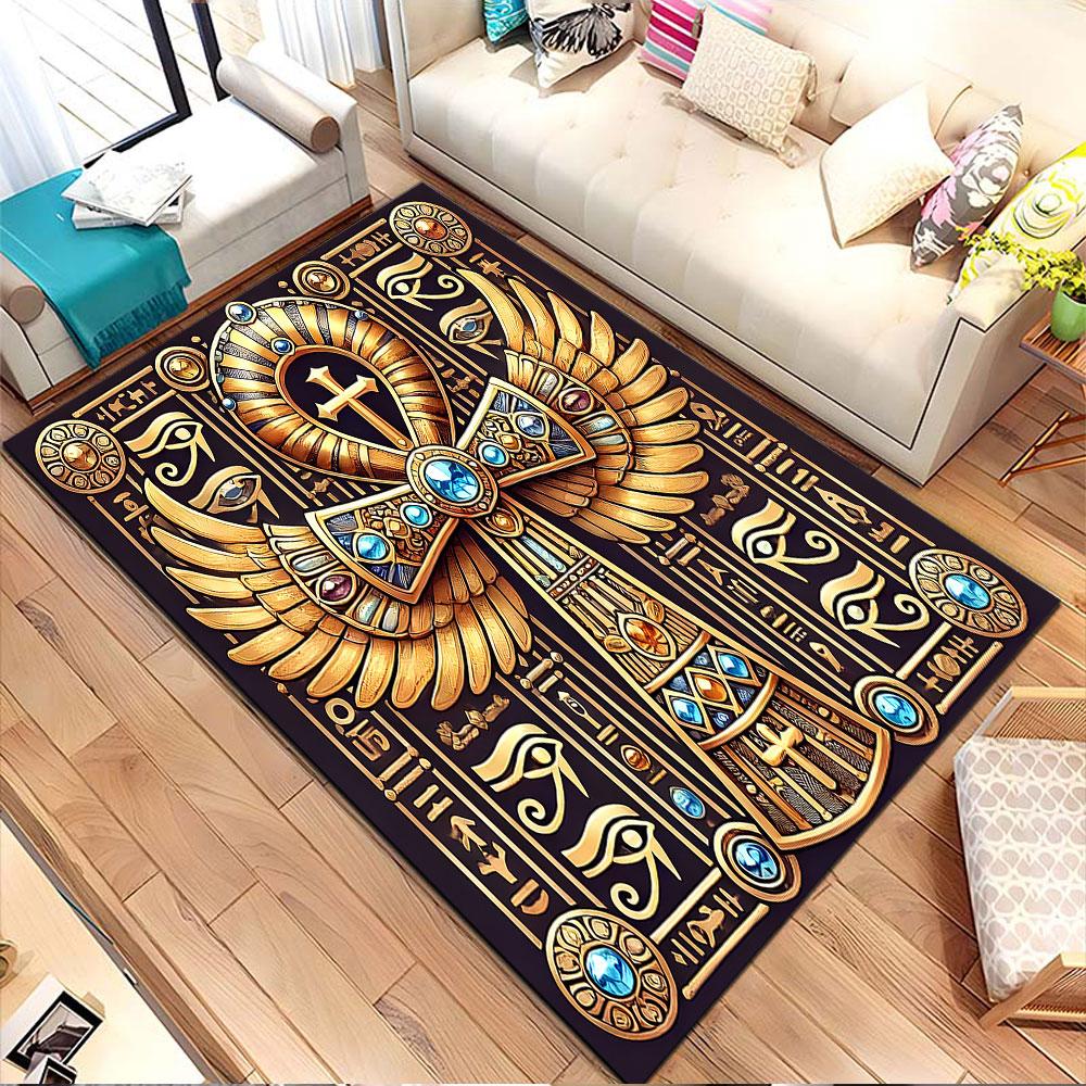 Golden Pharaoh Winged Cross Design Patterned Carpet, Non Slip Mat Suitable for Living Room and Bedroom Sofas