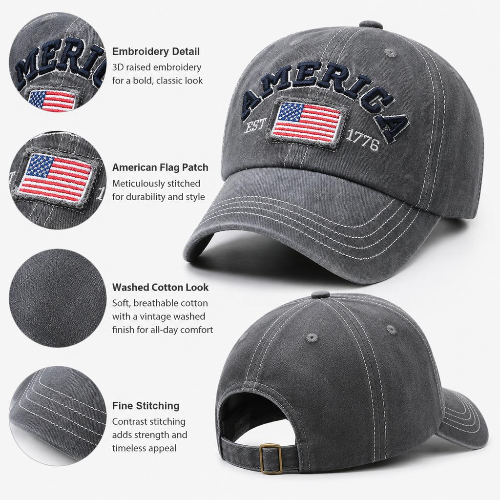 Vintage gewaschene Baumwoll-Baseballkappe für Herren Damen USA-Flagge gestickt Dad Hat Retro Amerika 1776 Snapback Outdoor-Sonnenhüte