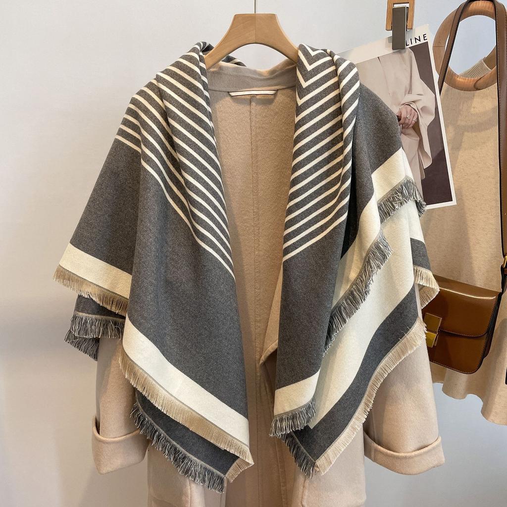 Double-Sided Imitation Cashmere Warm Striped Scarf Women'S Thickened Scarf Air Conditioner Shawl Outside