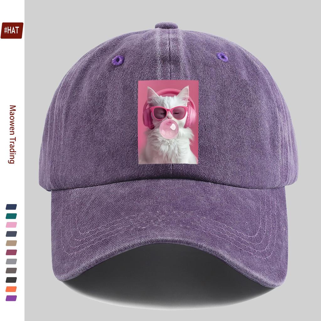 Pc Printed Cat Wearing Pink Headphones And Glasses Blowing Bubblegum Pattern Baseball Cap Comfortable Casual Printed Design De