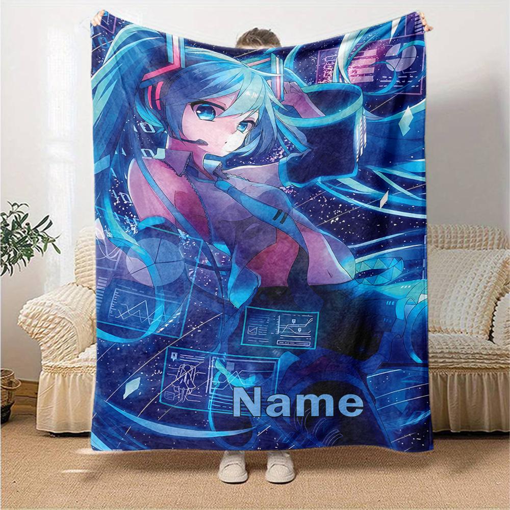 Custom Name Hatsune Miku Theme Printed Blanket - Perfect for Couch, Bed, Travel & Outdoor Use | Machine Washable, Cozy & Durable.
