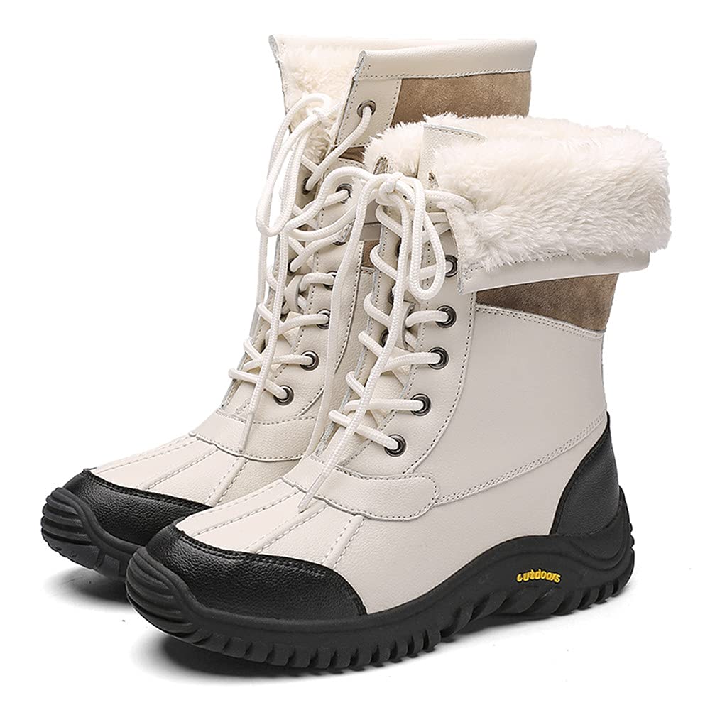 COOJOY Snow Boots with Boa Thick and Size 41 Women's High-Top Lining, Sole, Beige,