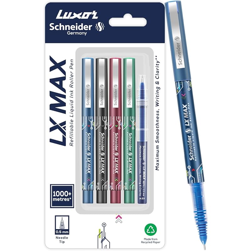 Luxor Schneider, LX MAX roller ball pen, Pack of 4-Assorted+1 Refill, Needle Tip, 0.5mm, 100% German Technology, 1000+ m
