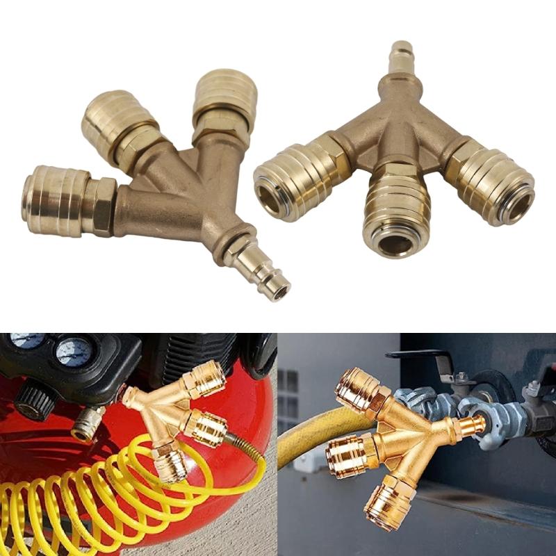 Upgraded Compressed Air Distributor 3-Way with Couplings 1/4Inch Air Hose Quick Coupling Distributor Brass Compresser