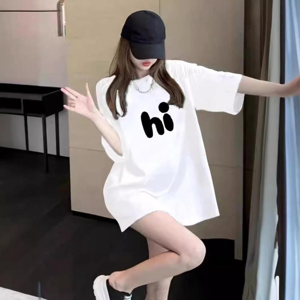 Women's Black Mid-Length Pure Cotton T-Shirt - Short Sleeve, Loose Fit, Plus Size, Summer Top